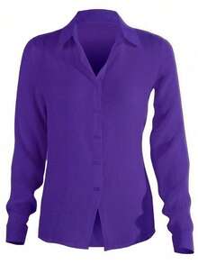 Blusa con Manga Larga para Mujer de Lino de Algodón, Camisa Casual para Mujer con Cuello Solapa y Manga Largas, camisas hawaianas mujer, guayaberas mujer, camisa manga largas mujer, camisa lino mujer, camisa de lino, camisa casual mujer, camisa sin cuello - Morado - Ver 6