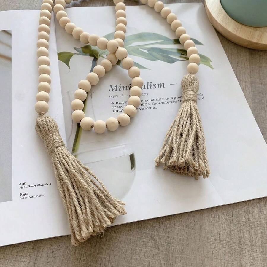 1pc 16mm Rustic Wooden Beads 58 Inches Long, Garland With Jute Tassels Farmhouse Vintage Decors, Festive Table & Living Room Handcrafted Home Ornaments Accessories - Wood Color - View 1
