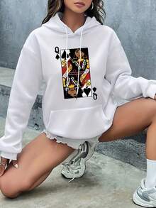 Sudadera con capucha de impresión de cartas de reina para mujeres - Retrato de reina de copas/picas/corazones/diamantes, sudadera con bolsillo canguro, suéter de invierno de manga larga casual, lavable a máquina para atuendos de invierno - Blanco - Ver 6