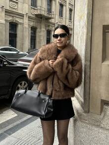 Luxurious Vintage Fashion Women's Thick Warm Jacket With Faux Fur Collar, Winter Coat, Soft Plush Fur - Brown - View 7