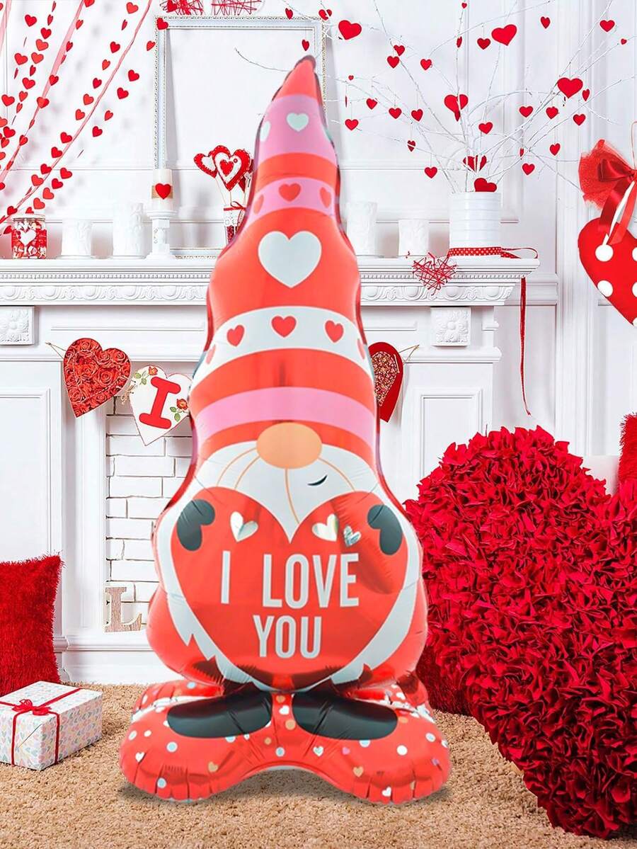 1pc Heart-Shaped Gnome Balloon, Standing "I Love You" Balloon, 58 Inch Red Heart-Shaped Gnome Foil Balloon For Anniversary, Proposal, Wedding, Valentine's Day Decoration - Multicolor - View 1