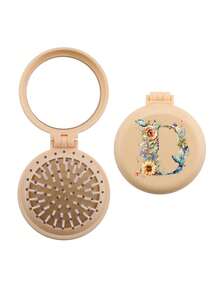 Brodark 1个象牙色和米色花卉图案26字母迷你镜梳，小巧便携，女士必备气垫梳，可折叠气垫按摩梳，镜子和梳子一体设计，旅行和露营配件，返校必备 - 黃色 - 查看 19