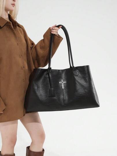 1pc Black PU Leather Elegant Minimalist Vintage Chic Quilted Cross Metal Decor Adjustable Strap Large Capacity One Shoulder Tote Bag, Suitable For Women For Work, Daily Life, Commute, Social Gatherings, Business, Shopping, Fits Phone, Wallet, Lipstick, Keys, Tissue, Pouch, Fashionable Accessory