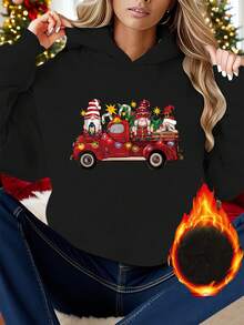1 Sudadera Con Capucha Y2K Navideña Para Mujer - Estampado De Camión Rojo Y Gnomo Con Gorro De Papá Noel Y Copos De Nieve, Jersey Suave, Suéter Casual De Invierno Para Todas Las Estaciones Para Navidad - Oscuro - Ver 1
