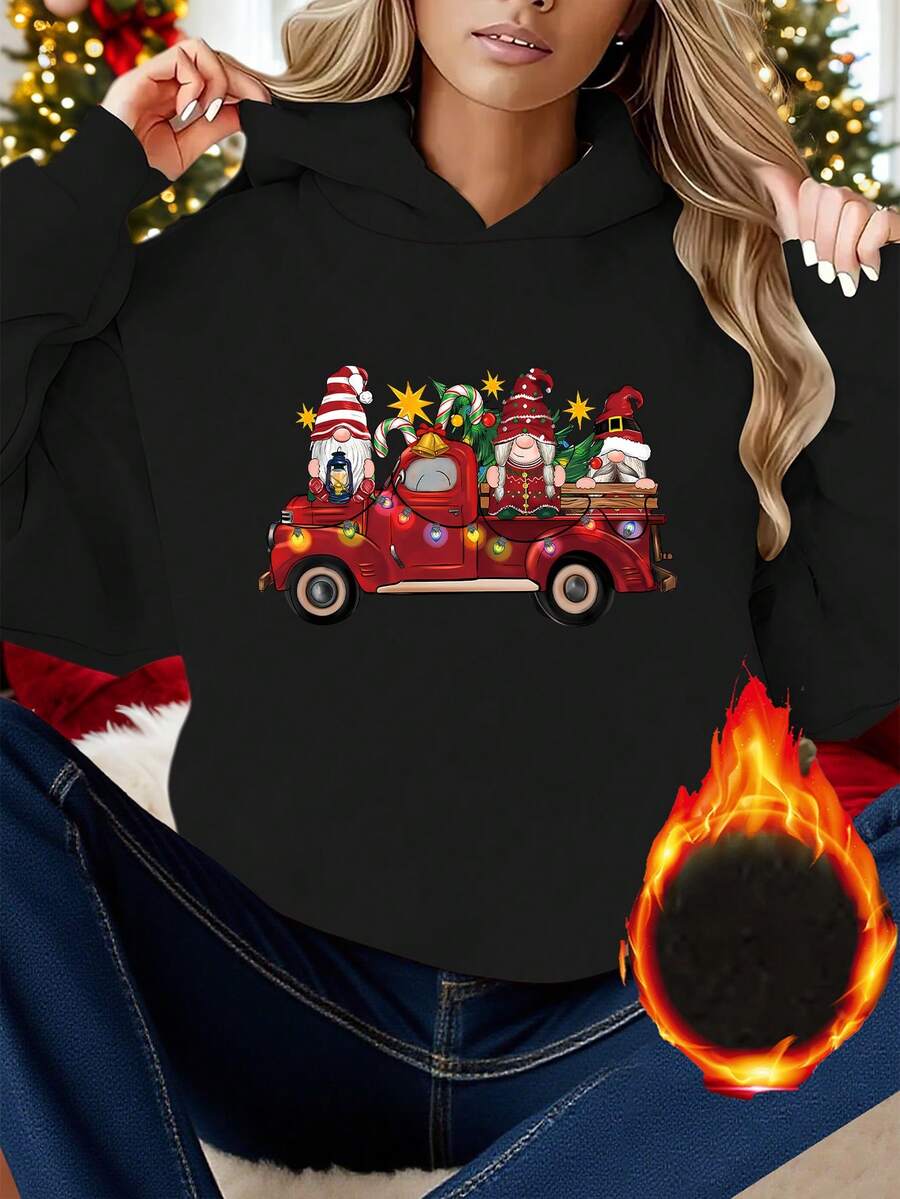 1 Sudadera Con Capucha Y2K Navideña Para Mujer - Estampado De Camión Rojo Y Gnomo Con Gorro De Papá Noel Y Copos De Nieve, Jersey Suave, Suéter Casual De Invierno Para Todas Las Estaciones Para Navidad - Oscuro - Ver 1