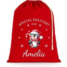 Personalised Christmas Santa Sack With Custom Name - Extra Large - Red - 75x49cm - Penguin - Red - View 14