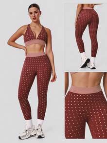 Sodalemon Women's Elastic Waist Polka Dot Fitness Leggings, Seamless Contrast Color Training Tight Pants, Yoga Casual Outdoor Sports Base Layer Tights - 紅色 - 查看 10
