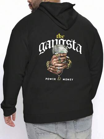 סווטשירט לגברים במידות גדולות, שחור, בטנת פליז, עבה, הדפס גרפי בסגנון רחוב, מתאים ללבוש רחוב חוץ סתיו/חורף