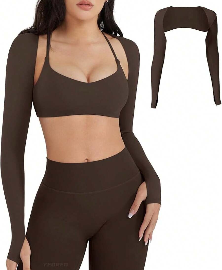 Women Crop Top Long Sleeve Bolero Open Front Workout Cropped Shirts Sports Shrug - Coffee - 查看 1
