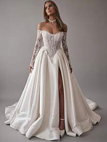 Vintage Off-Shoulder Long Lace Sleeve Corset Satin Ball Gown Wedding Dress With High Slit, Wedding Dresses For Bride, Elegant And Comfortable, Including Plus Size, Bridal Gown, Formal Dresses For Women, Suitable For Wedding, Party, Vacation, Bride, Formal Occasions, Dinner Dress, Prom Dress, After-Party Dress, Homecoming Dress, Cocktail Party, Birthday Party, Celebration, Gala, Festival, Ceremony
