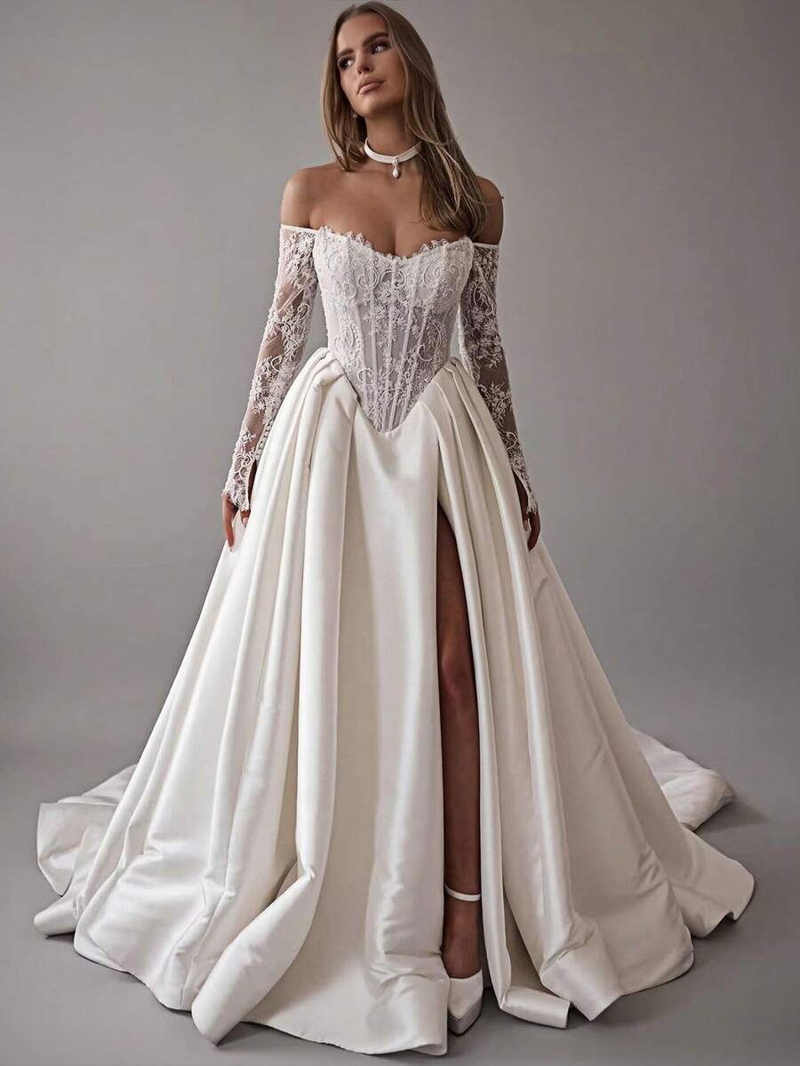 Vintage Off-Shoulder Long Lace Sleeve Corset Satin Ball Gown Wedding Dress With High Slit, Wedding Dresses For Bride, Elegant And Comfortable, Including Plus Size, Bridal Gown, Formal Dresses For Women, Suitable For Wedding, Party, Vacation, Bride, Formal Occasions, Dinner Dress, Prom Dress, After-Party Dress, Homecoming Dress, Cocktail Party, Birthday Party, Celebration, Gala, Festival, Ceremony