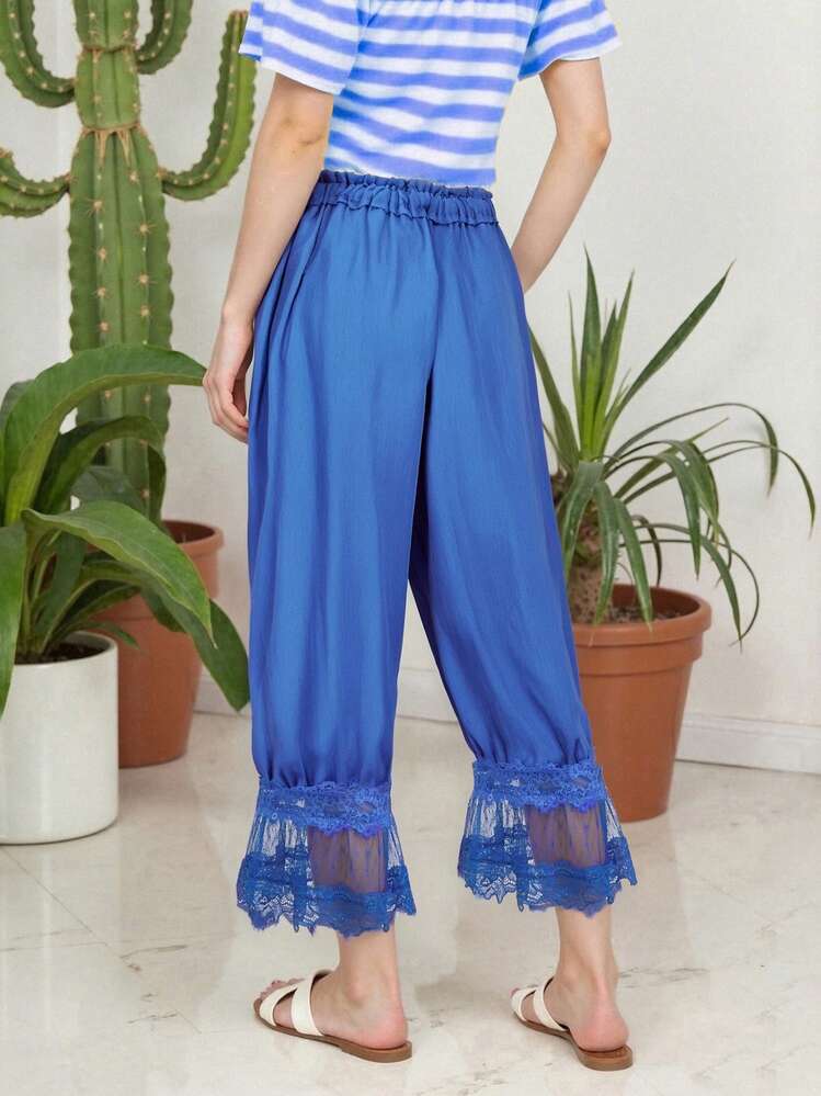 Women Y2K Half Slip Under Dress Pettipants Mid Rise Lace Patchwork Bloomers Trousers Ruffle Pantaloons Cropped Flared Pants Cute Pumpkin Long Pants - 藍色 - 查看 4