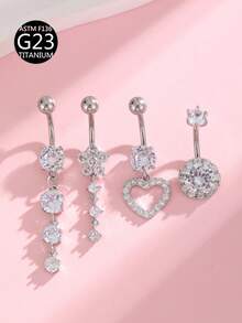4pcs G23 Titanium Navel Rings Set, Cubic Zirconia Heart, Butterfly & Flower Shaped Navel Rings/Studs, Suitable For Women's Daily Wear - 4-piece Set - View 14