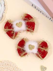 2个红色蝴蝶结发夹，闪亮金箔装饰，金色心形亮片蝴蝶结发卡，红色新年蝴蝶结发卡，女孩节日派对头饰，青少年发饰 - 紅色 - 查看 1