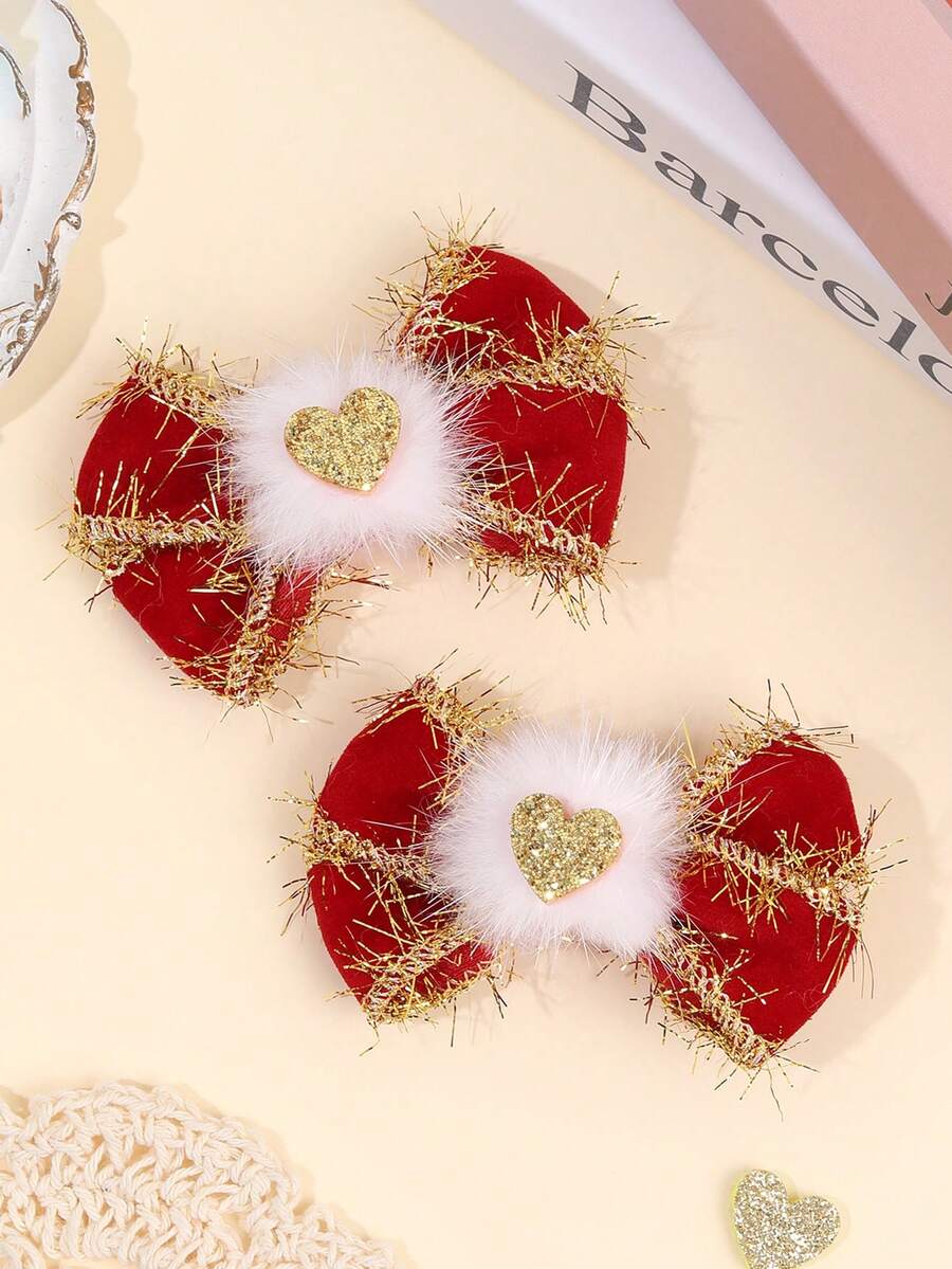 2个红色蝴蝶结发夹，闪亮金箔装饰，金色心形亮片蝴蝶结发卡，红色新年蝴蝶结发卡，女孩节日派对头饰，青少年发饰 - 紅色 - 查看 1