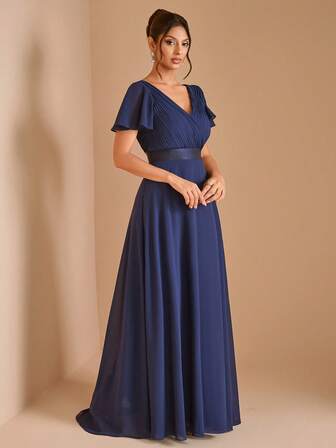 Navy Blue Mother Of The Bride Dress With Ruffle Sleeves, Pleated Party Gown