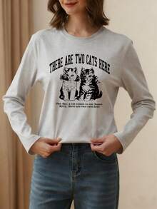 Neuer lässiger, süßer, cartoon-bedruckter Langarm-T-Shirt-Top für Teenager-Mädchen für Herbst/Winter - Hellgrau - Übersicht 3