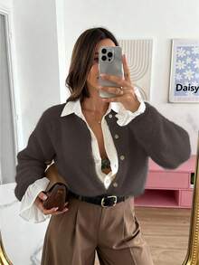 FOR BEAUTY 春夏新款摩卡棕色圆领单排扣针织开衫女式上衣，时尚简约韩式浪漫风格，柔和休闲的街头风，适合日常外出、约会、通勤等场合，是女士春秋两季的优雅毛衣外套。 - 摩卡棕 - 查看 5