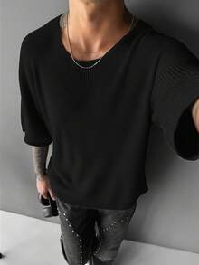 Camiseta de punto de manga corta de corte holgado y cuello redondo de unicolor para hombres de talla grande - Negro - Ver 3