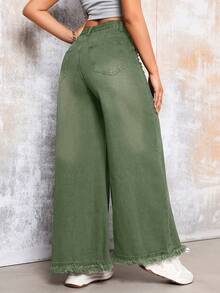 1pc Elegant Wide-Leg Jeans - Solid Color, Suitable For All Seasons, Medium Stretch Woven Fabric - Frayed Hem Detail, Women Casual Spring - Army Green - View 5