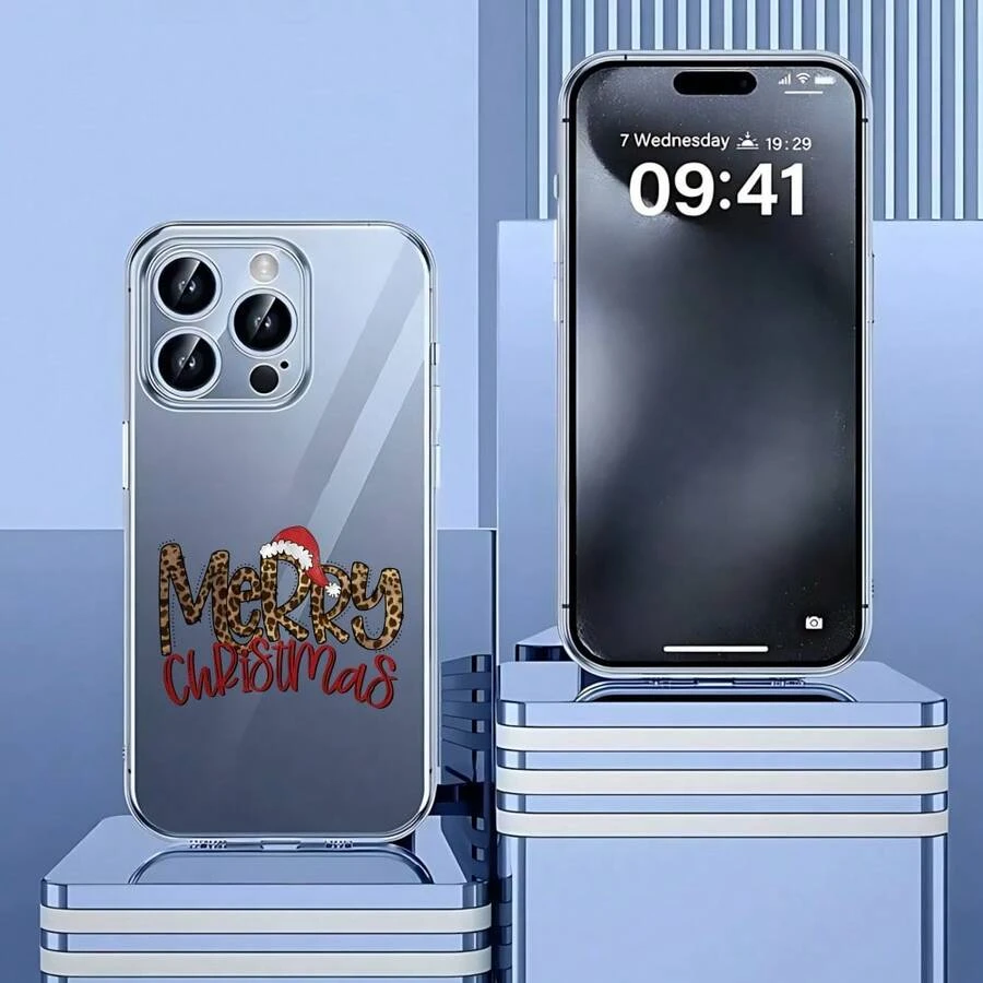 Cubierta de teléfono transparente para combinaciones de moda,Cubierta de teléfono transparente con diseño de leopardo y texto Merry Christmas en rojo para iPhone 14 Pro Max funda navideña para temporada festiva Adecuado para teléfonos Apple y Galaxy. - transparente - Ver 1
