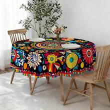 1pc Bohemian Colorful Floral Round Tablecloth, Art Style Dining Table Decor Cloth, Polyester Round Tablecloth. Suitable For Home Living Room, Dining Room, Kitchen, Party And Patio, Indoor And Outdoor Use, Easy To Wash And Clean. - Multicolor - View 5