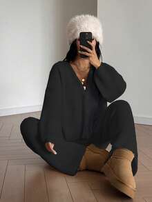 女士休闲可爱开衫针织衫上衣针织裤套装家居居家服舒适时尚秋冬外出穿搭 - 黑色 - 查看 2