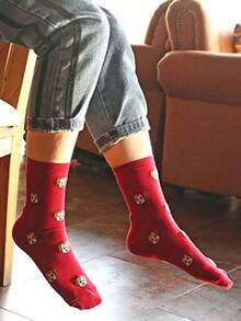 5双装卡通可爱狗狗图案吸湿排汗防摩擦中筒袜，秋冬季