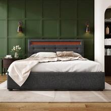 Bed Frame With LED Lighting And 2 Drawers, Single Upholstered Bed 90x200cm, Height-Adjustable Headboard, Wooden Slatted Base, Grey (Mattress Not Included) - 灰色1 - 查看 6