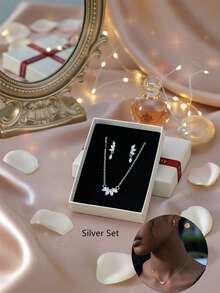 3pcs Flora Zirconia Earrings Necklace Set, Gold Jewelry Set Gift Box, Dangle Earrings, Necklace Set With Gift Box,Christmas Gift, Lover Gift, Gift For Mom, Christmas Gift Box