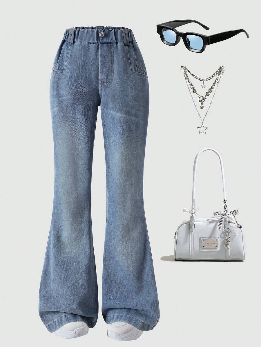 女童时尚口袋设计喇叭牛仔裤 - 藍色 - 查看 1