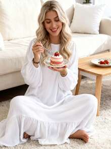 Women's Solid Color Muslim Style Puff Sleeve Ruffle Hem Dress, Vestidos Largos Para Mujer Fall Outfit For Women Vestidos De Mujer Casual - 白色 - 查看 1