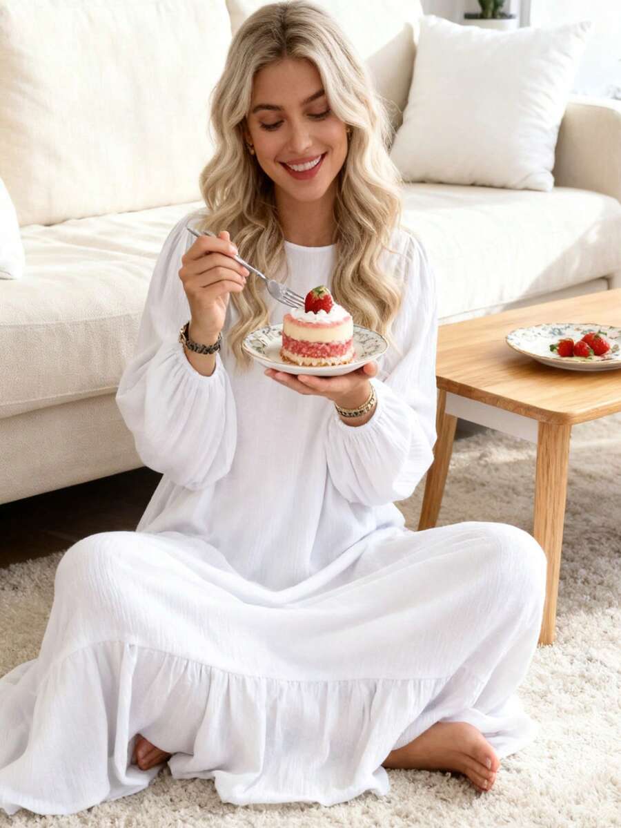 Women's Solid Color Muslim Style Puff Sleeve Ruffle Hem Dress, Vestidos Largos Para Mujer Fall Outfit For Women Vestidos De Mujer Casual - 白色 - 查看 1