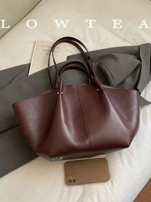 2pcs Low Tea Solid Color PU Leather One Shoulder Bag Women Casual Large Capacity Tote Bag, Book Bag With Double Handles And Snap Closure, Suitable For Travel, Shopping, Dating, Women's Gift, Suitable For Teenage Girls, College Students, Beginners And White-Collar Workers, Ideal For Office, School, Work, Business, Commuting, Outdoor, Travel, Picnic - Burgundy - View 4
