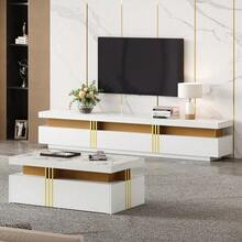 White Wall-Mounted TV Unit Set, Living Room Wall-Mounted TV Unit Set, Coffee Table + TV Stand, Multifunctional Storage Set - 白色 - 查看 2