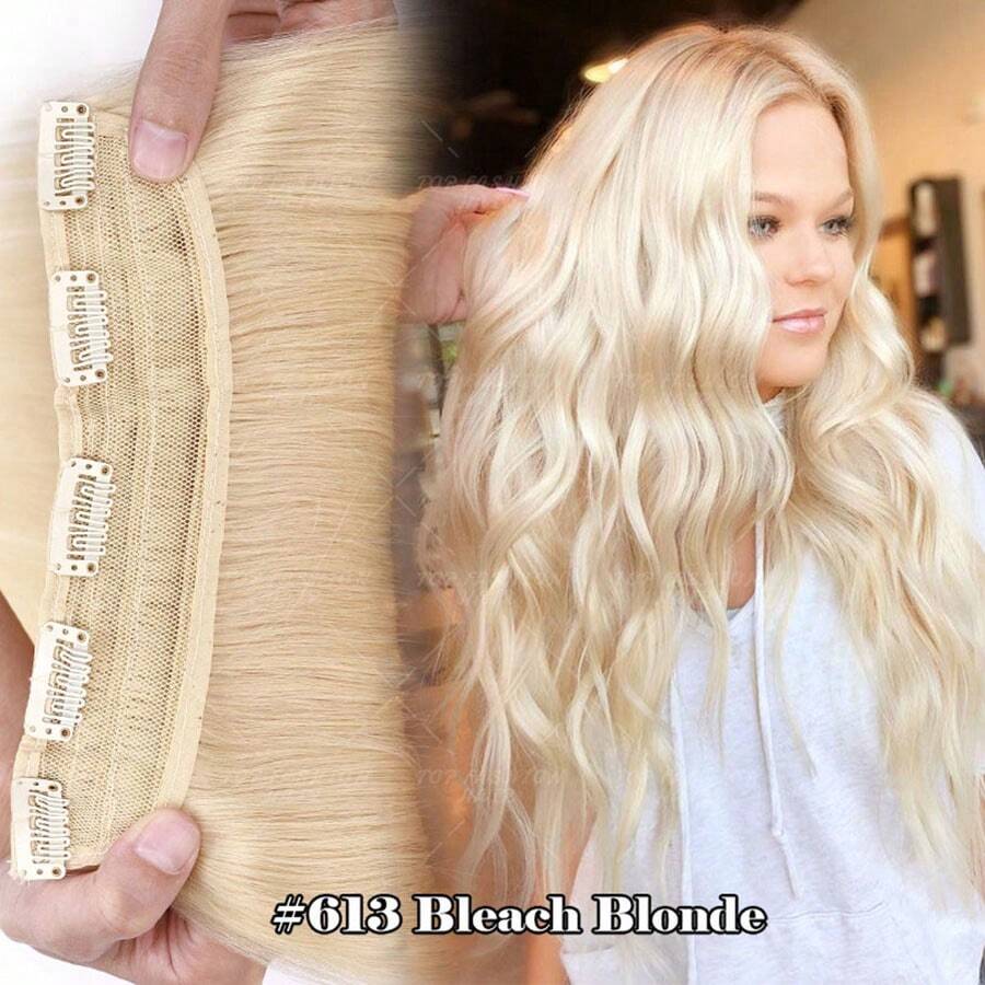 Clip In One Piece Real 100% Remy Human Hair Extensions Full Head Hairpiece Set Weft 5Clips THICK #4/27 Medium Brown/Dark Blonde #12/613 Golden Brown/Blonde #18/613 Ash Blonde/Bleach Blonde One Piece Hair Extensions Clip In Human Hair 5 Clips 3/4 Full Head Clip On Remy Hair Extension For Women,One-Piece Design Adding Hair Volume #Ash Blonde&Bleach Blonde - #613 Bleach Blonde - 查看 1