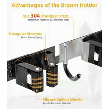 Broom Holder Over Door - 304 Stainless Steel Mop And Broom Holder Wall Mounted Or Hanging Over Door With Hooks - Broom Hanger, Broom Storage Organizer Garage Closet Laundry - 黑色+1 - 查看 6