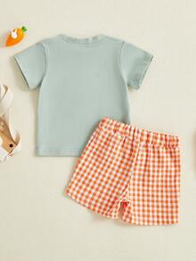 Toddler Little Boy Girl Easter Outfit Carrot Embroidered Short Sleeve T-Shirts And Plaid Shorts 2 Piece Set - xanh quân đội - Xem 2