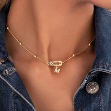 1pc New Classic Pave Zirconia Eye Pin Initial Golden Stainless Steel Bead Chain Necklace For Women - Yellow Gold - View 1