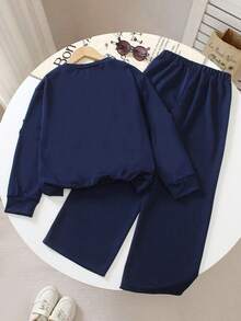 Girls' Cherry Graphic Crew Neck Long Sleeve Sweatshirt And Loose Straight Leg Sweatpants Set, Fashion New Style, Spring/Autumn - Royal Blue - View 8