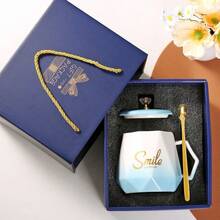 一套英文日常礼盒装陶瓷马克杯，带盖和勺子，适合全年居家使用，生日礼物杯 - 彩色 - 查看 2