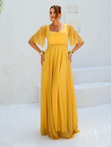 Lilian Long Party Dress With Glitter - Gold - View 2