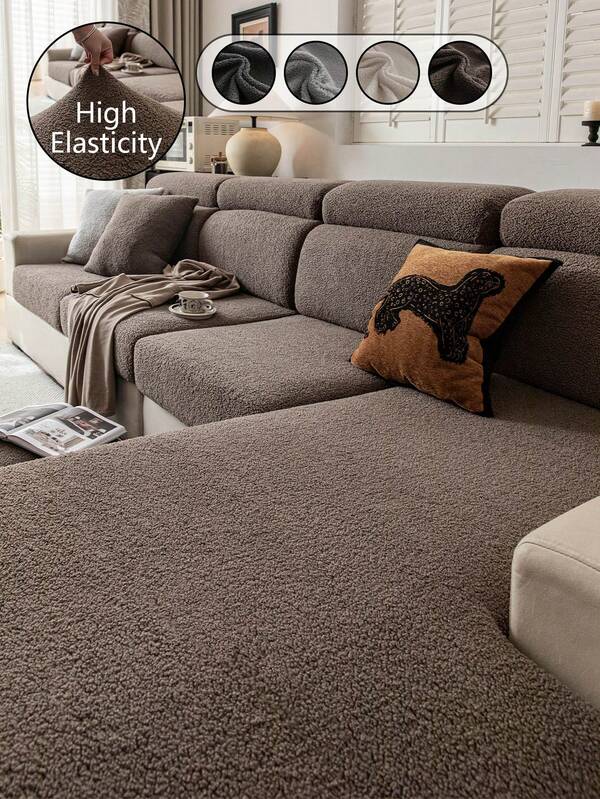 1pc Teddy Plush Solid Color Sofa Cover, Elastic Wrap-Around, Warm & Comfortable, Simple Ins Style, Pet-Friendly Anti-Slip Anti-Dirt Elastic Washable Sofa Slipcover, Suitable For L-Shaped Sofa 1/2/3/4 Seats, For Living Room, Bedroom, Study