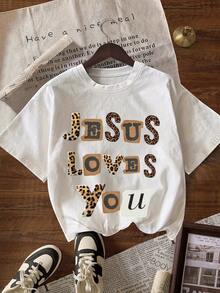 JESUE LOVES YOU Leopard Print Graphic T-Shirt, Women's Casual Round Neck Short Sleeve T-Shirt, All Season Summer - White - View 1