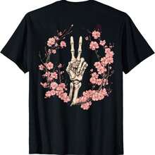 Skeleton Hand Peace Sign Back Printed T-Shirt - 黑色 - 查看 1