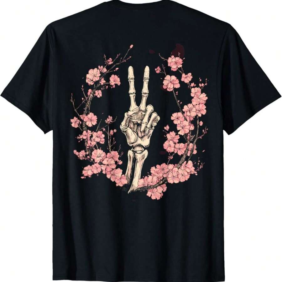 Skeleton Hand Peace Sign Back Printed T-Shirt - 黑色 - 查看 1