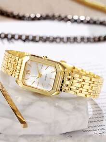 1pc Women's Fashion Quartz Watch, Minimalist Scale Square Design, Quality Gold-Plated, Stainless Steel Band Quartz Watch, Suitable For Daily Matching, Birthday, Women's Gift, Anniversary, Singles Day, Halloween Promotion And Other Holiday Gifts - White - View 4