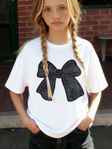 Teen Girls Short Sleeve T-Shirt, Bow Print Pattern, Round Neck, Fashionable & Teen Girls Clothing, Teen Girls Apparel