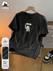 Women's Summer "Let's Set Fire" Patterned Round Neck Short-Sleeved Simple Casual Everyday Washed T-Shirt Top, Cute Little Frog Pattern Printed Women's Top, Frog Holding A Lighter Pattern Printed Women's Summer Clothing, Burning Flame Pattern Printed Summer Top. - Black - View 4