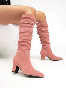 Giày bốt cao cổ nữ màu đen, mũi nhọn, xếp ly, gót cao, chất liệu da lộn và da, kiểu dáng slip-on, bán chạy nhất, thích hợp cho mùa Thu/Đông. - Hồng - Xem 3